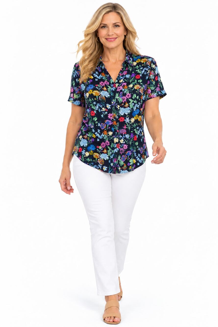 E250 Empyre Medium Black Multicolor Floral Short Sleeve Button Front Shirt - Picture 1 of 7
